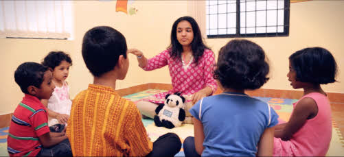 Bindu Subramaniam in a vocal session with young children.