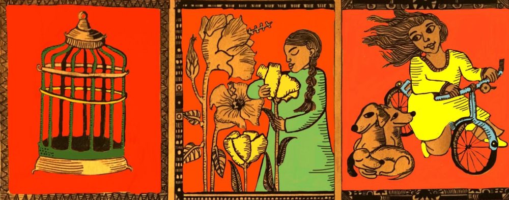 The image is a triptych with a red background. In the first panel, there is a green and gold cage. In the second, a woman with braided hair smells giant flowers. In the third, the woman sits on a bicycle, her hair flying, and three dogs snuggled next to her. 